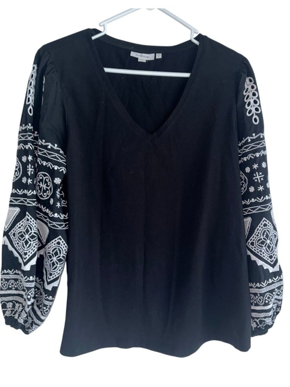Chicos Womens Embroidered Balloon Sleeve Top Sz L Black White Boho Western